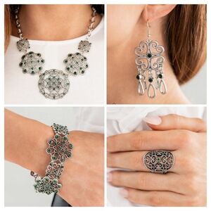 Paparazzi Jewelry Set Silver With Green Necklace Earrings Bracelet Ring New